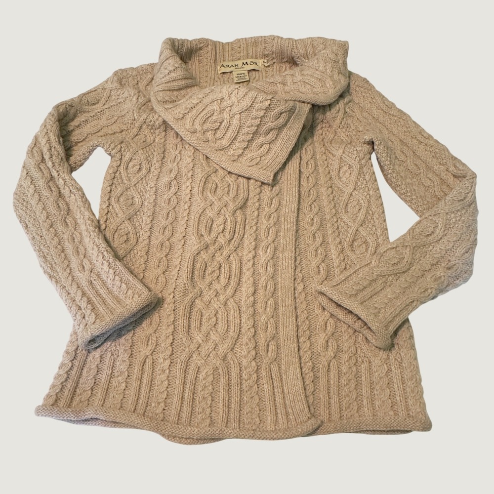 Aran Mor Ireland 100% Merino Wool Cable Knit Cardigan Beige Small Irish Sweater